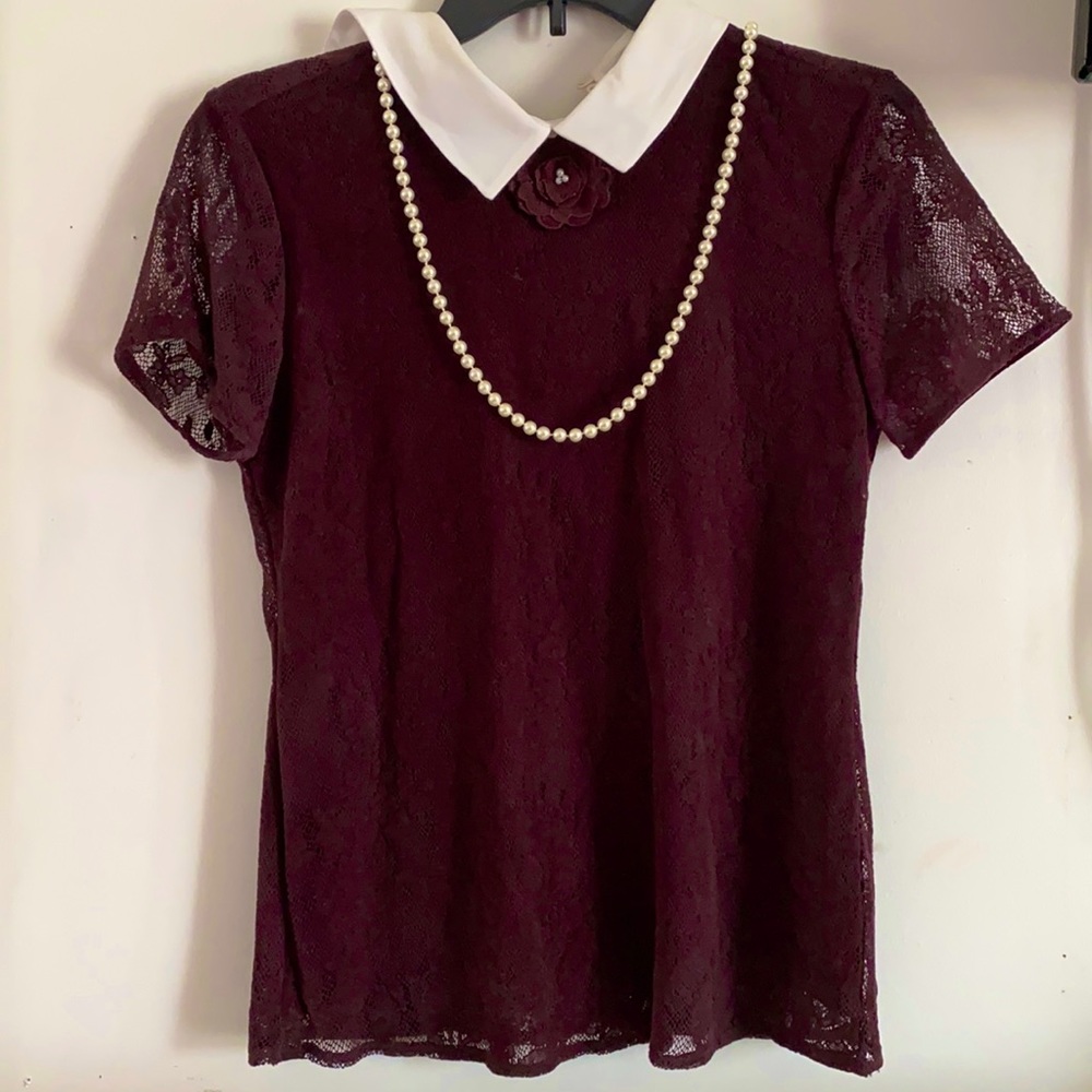 Burgundy Shirt with Flower and Pearl Necklace
